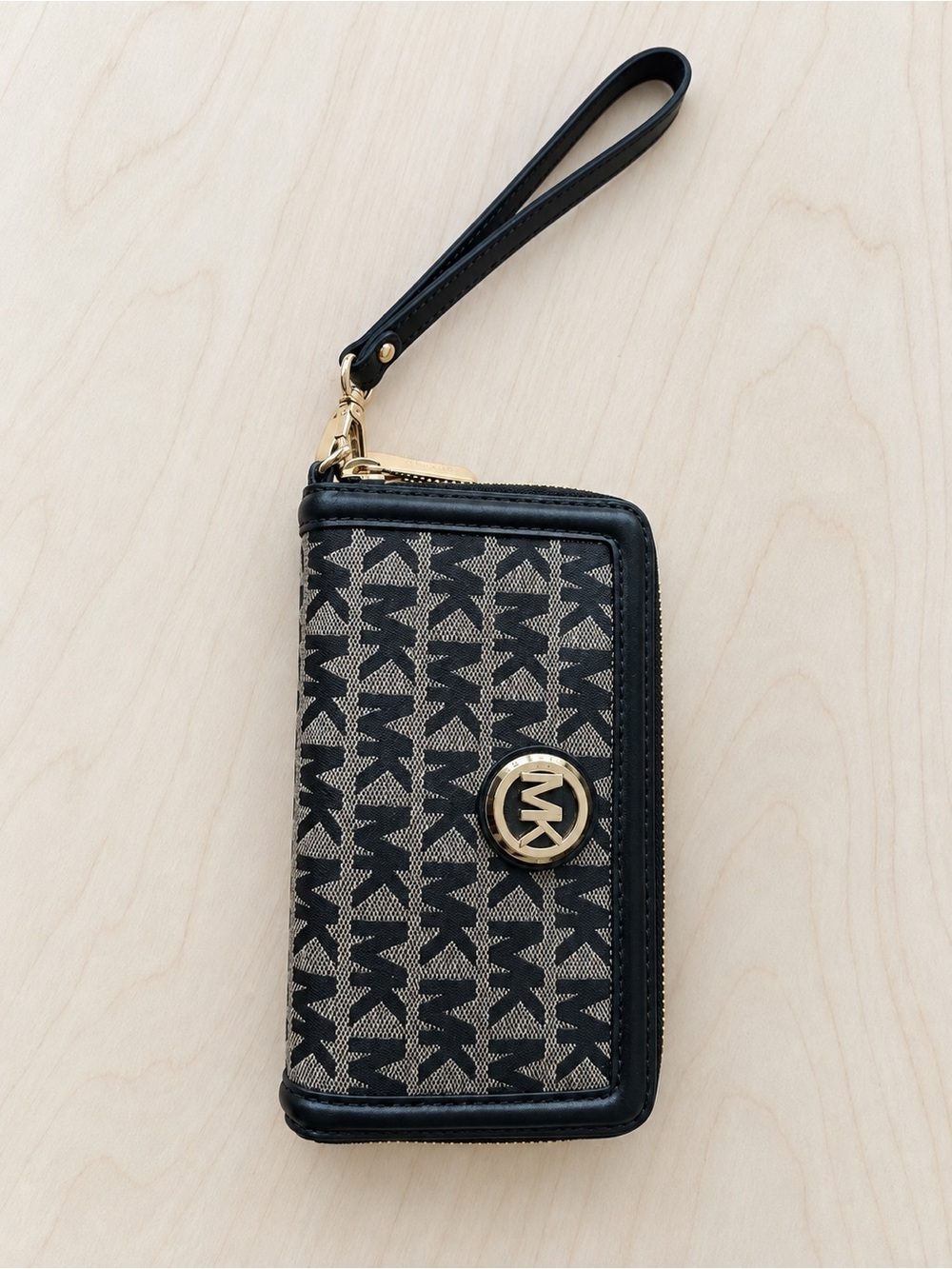 Michael Kors Black and Beige Logo Wristlet Wallet